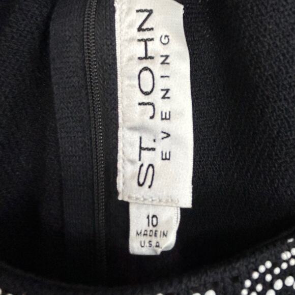 St. John Evening Black Knit Cocktail Dress White Rhinestone Sequin Women Size 10 - Picture 10 of 11